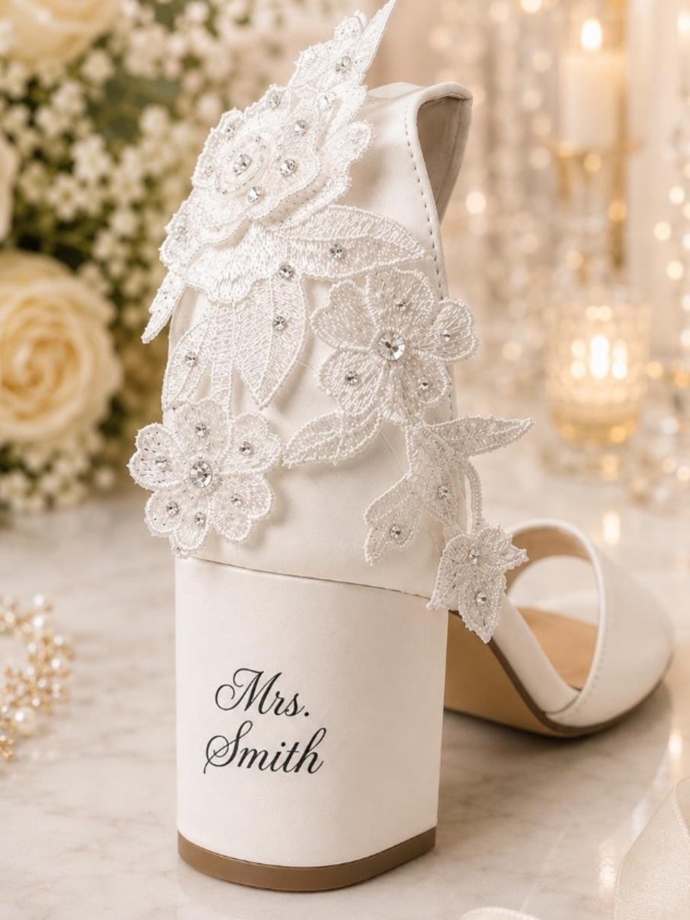 Custom Bridal Block Heel Sandals Mrs Name Wedding Shoes Lace Appliqué